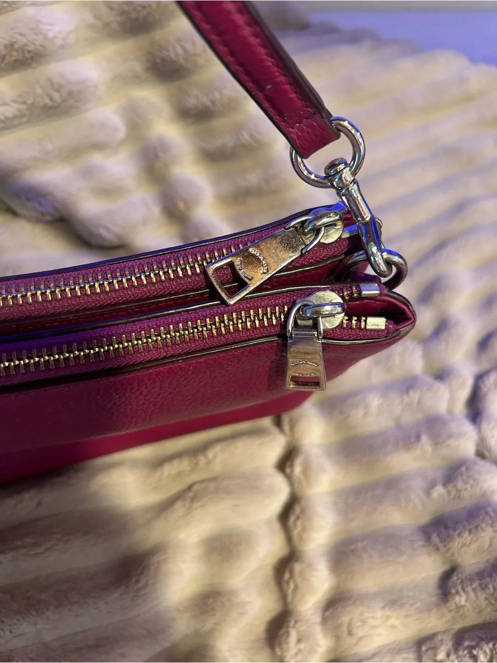 Coach Pebbled Leather Double Zip Wristlet - Raspberry - Picture 6 of 16